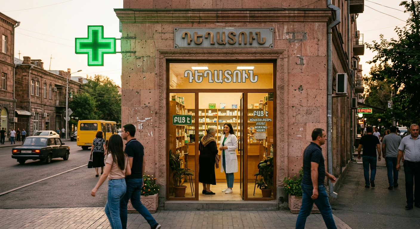 Neighborhood pharmacy with a green pharmacy cross in Yerevan