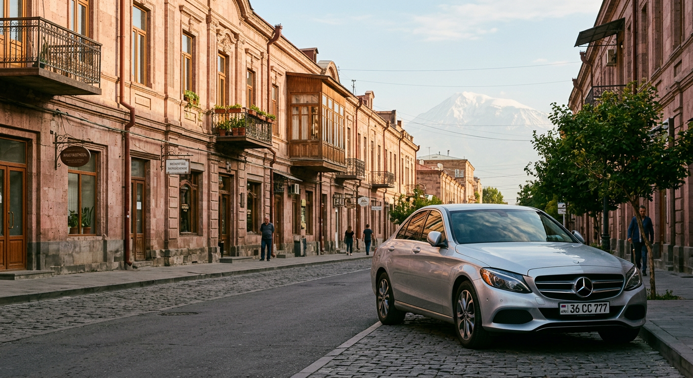 Modern Mercedes-Benz rental car parked on a Yerevan street