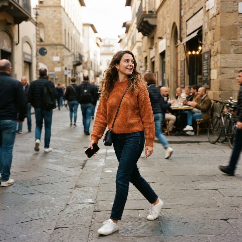 A woman walking through a sunny city street looking at her phone